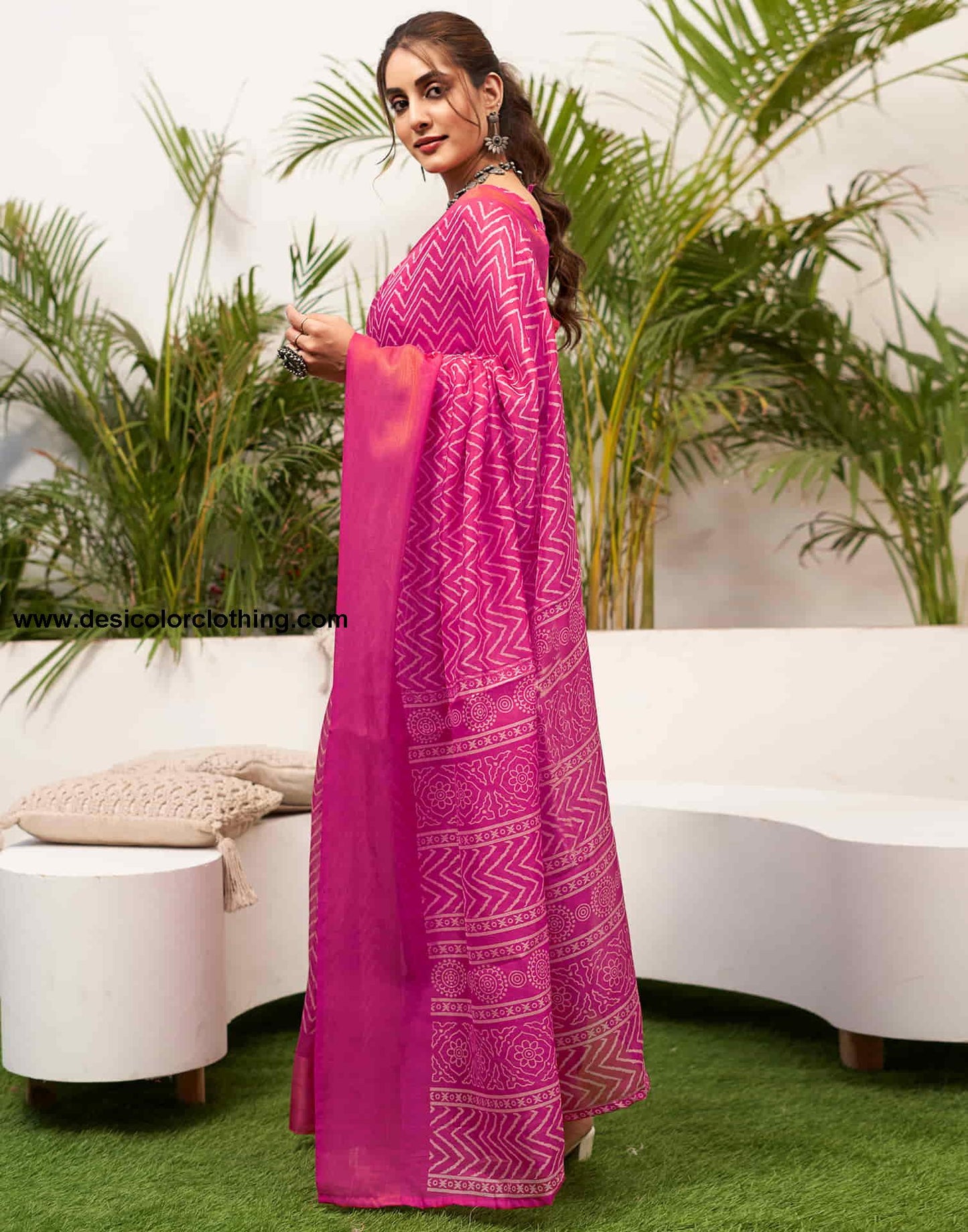 Rani Pink Cotton Printed Saree