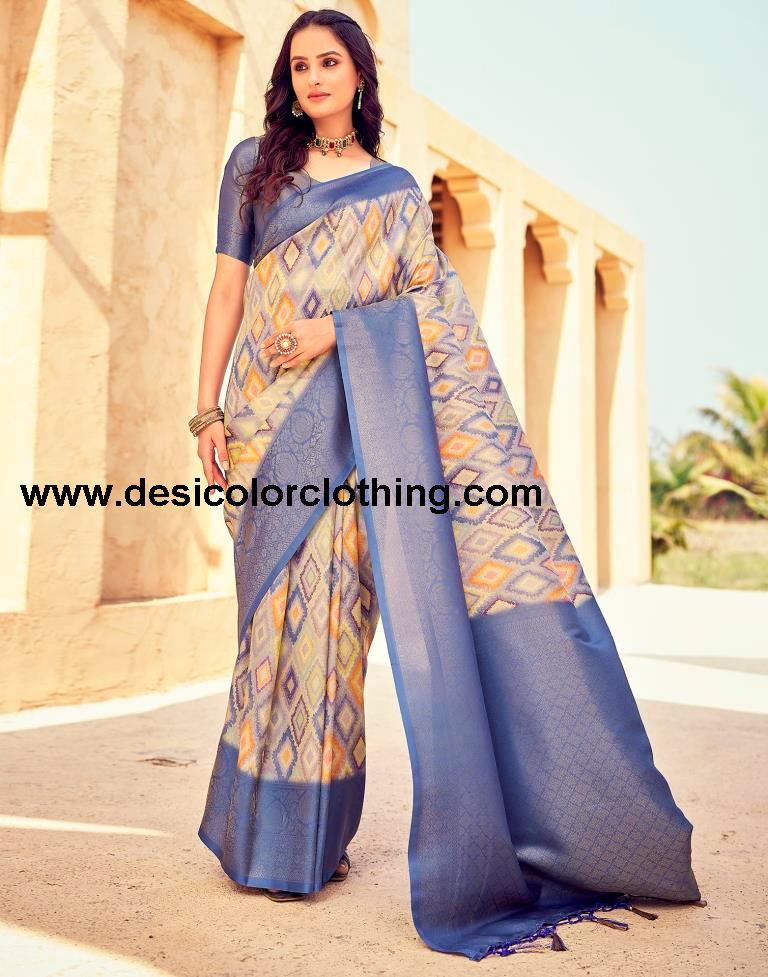 Blue Silk Printed Ready To Wear