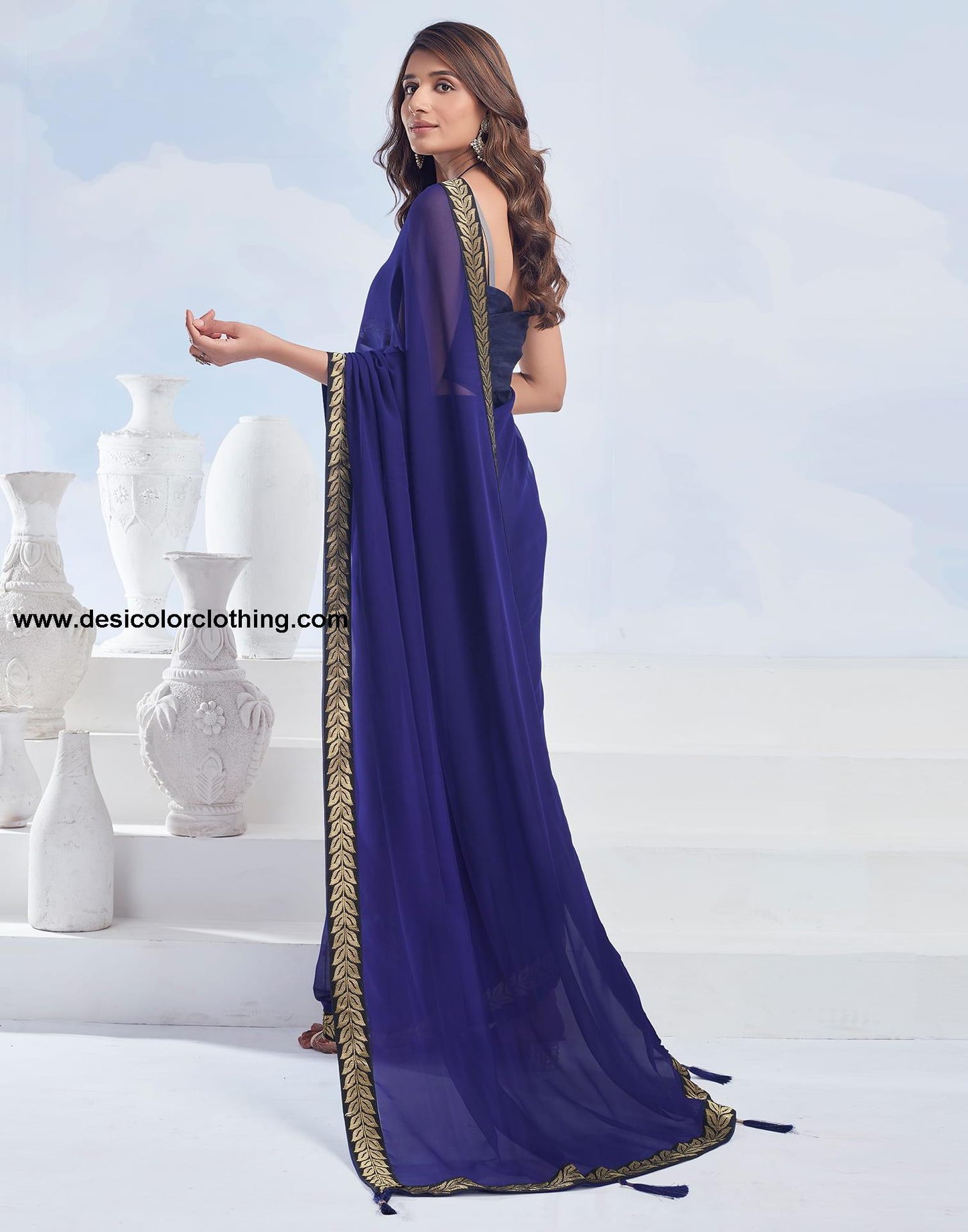 Navy Blue Bhagalpuri Silk Blouse & Georgette Saree with Lace and Tassels