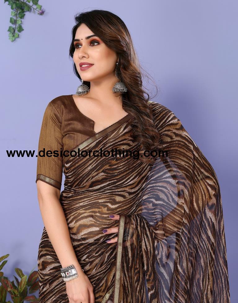 Brown Chiffon Animal Printed Saree