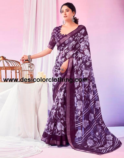 Dark Purple Cotton Zari Saree