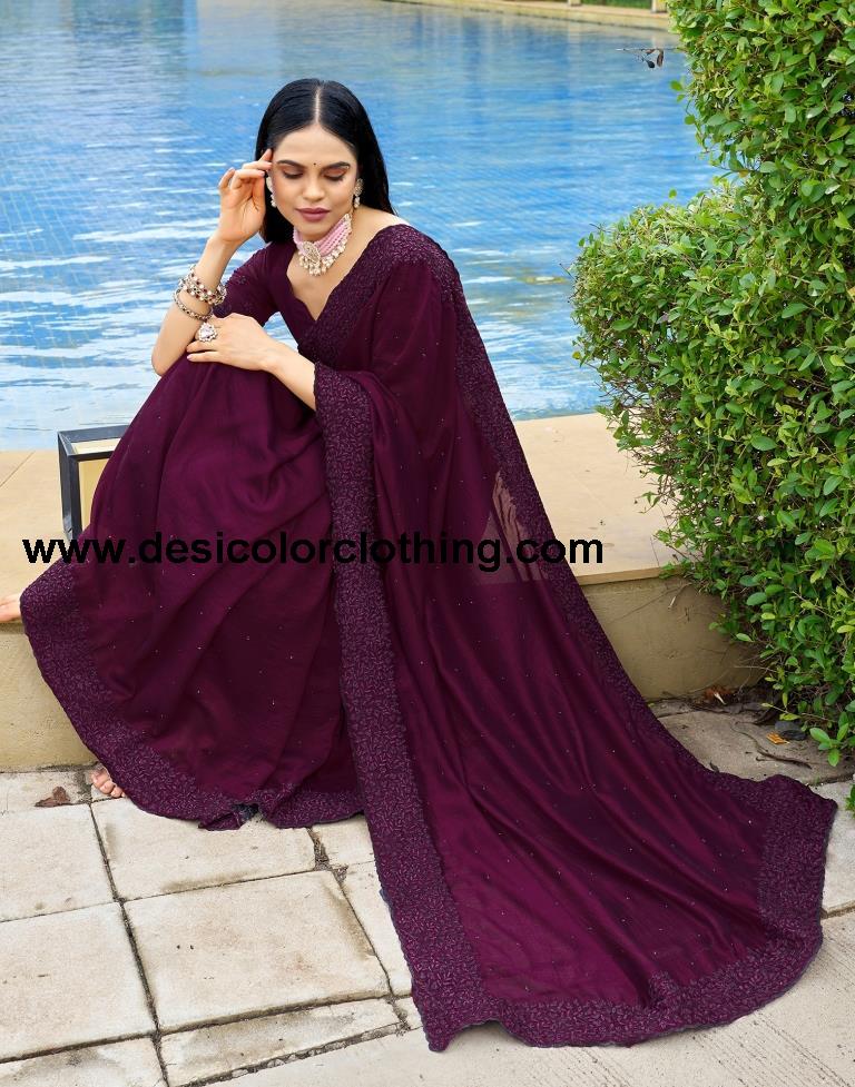Wine Plain Silk Saree