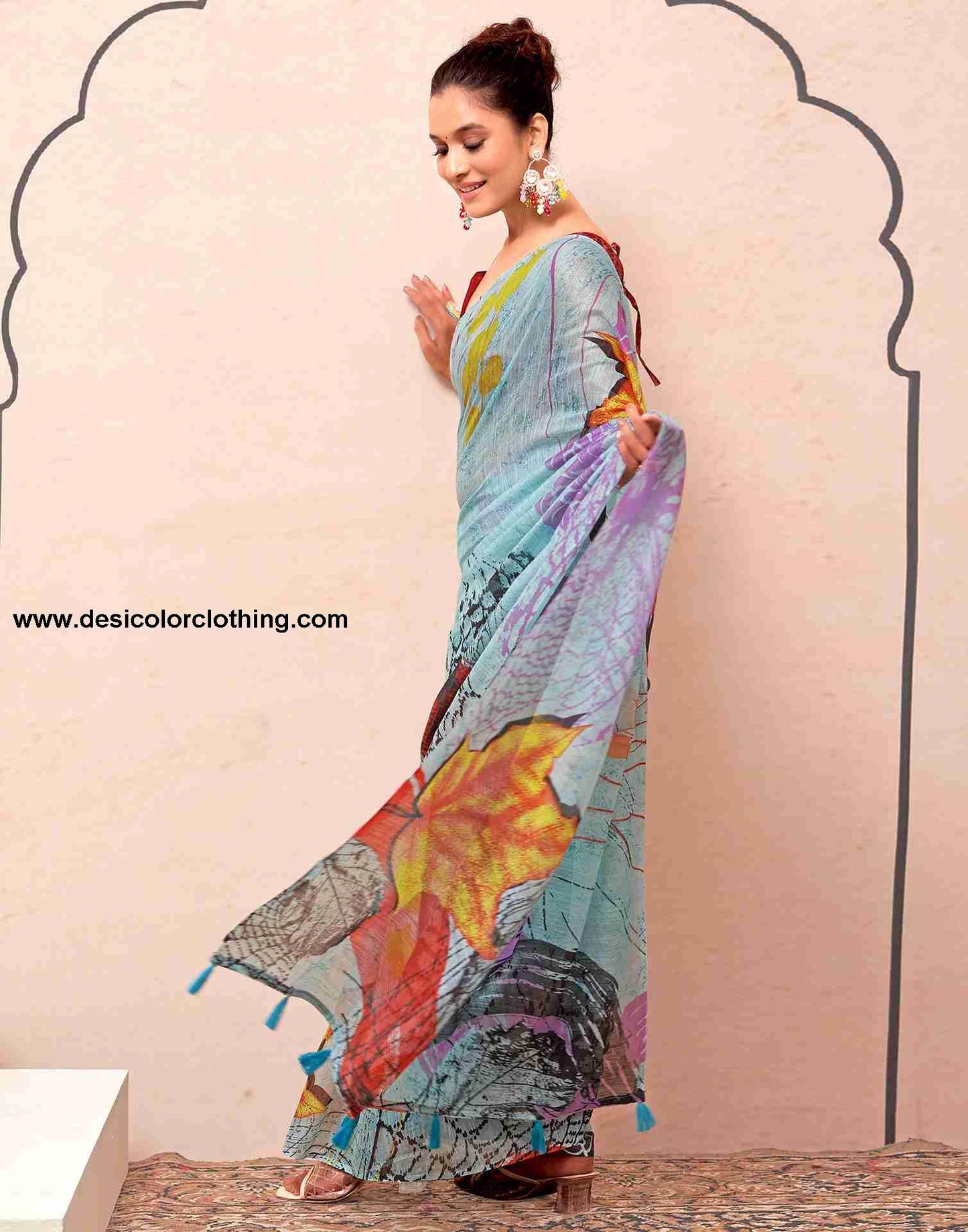 Blue Cotton Printed Saree