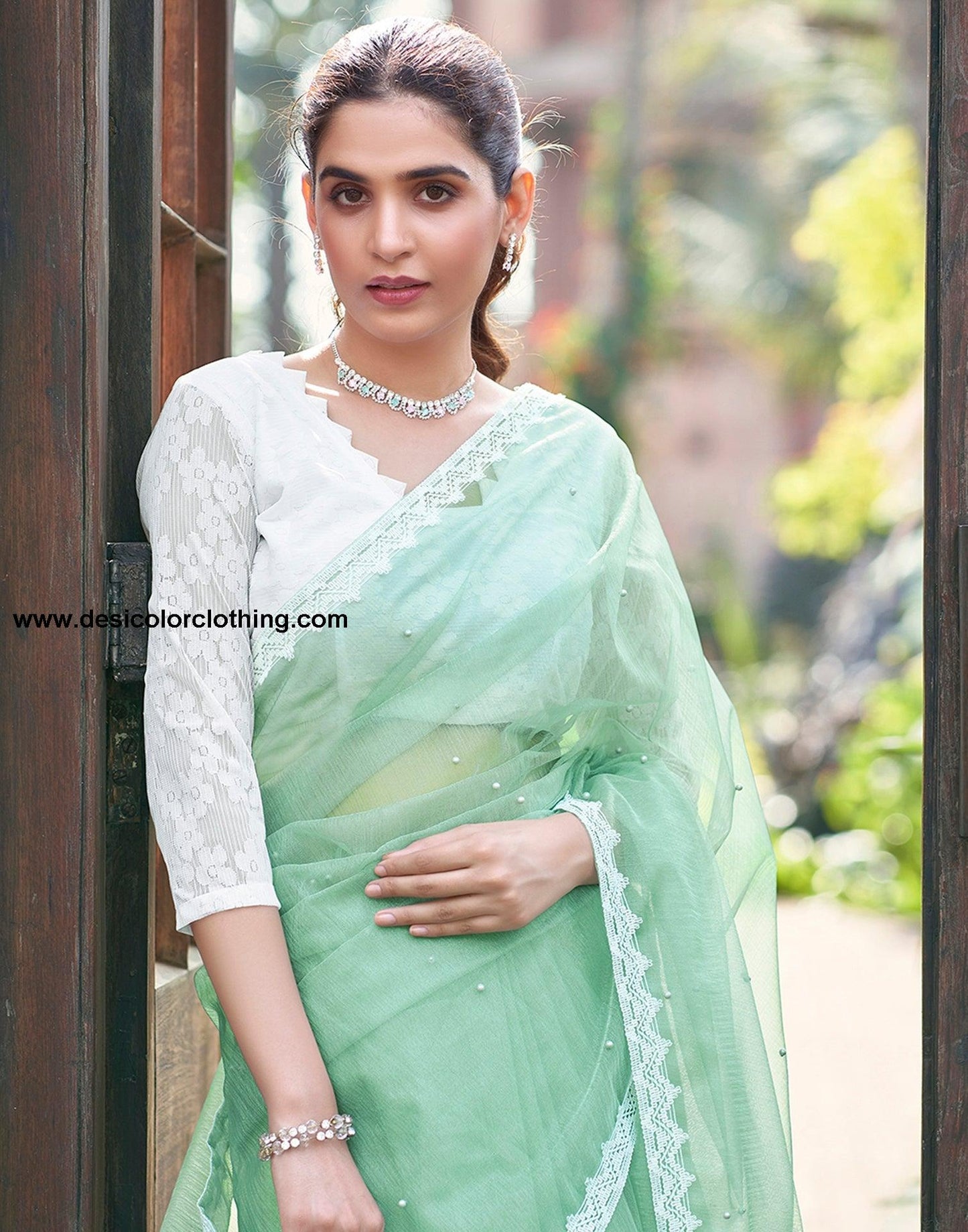 Pista Green Net Plain Saree