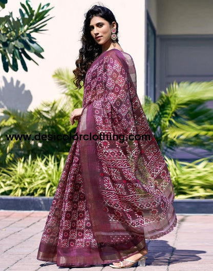 Deep Purple Printed Saree Cotton