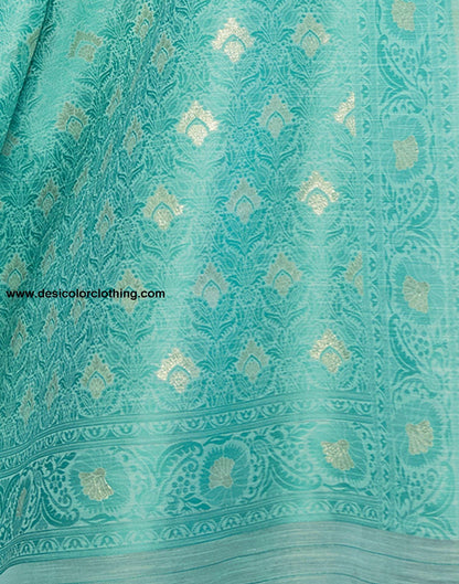 Turquoise Jacquard Linen Saree