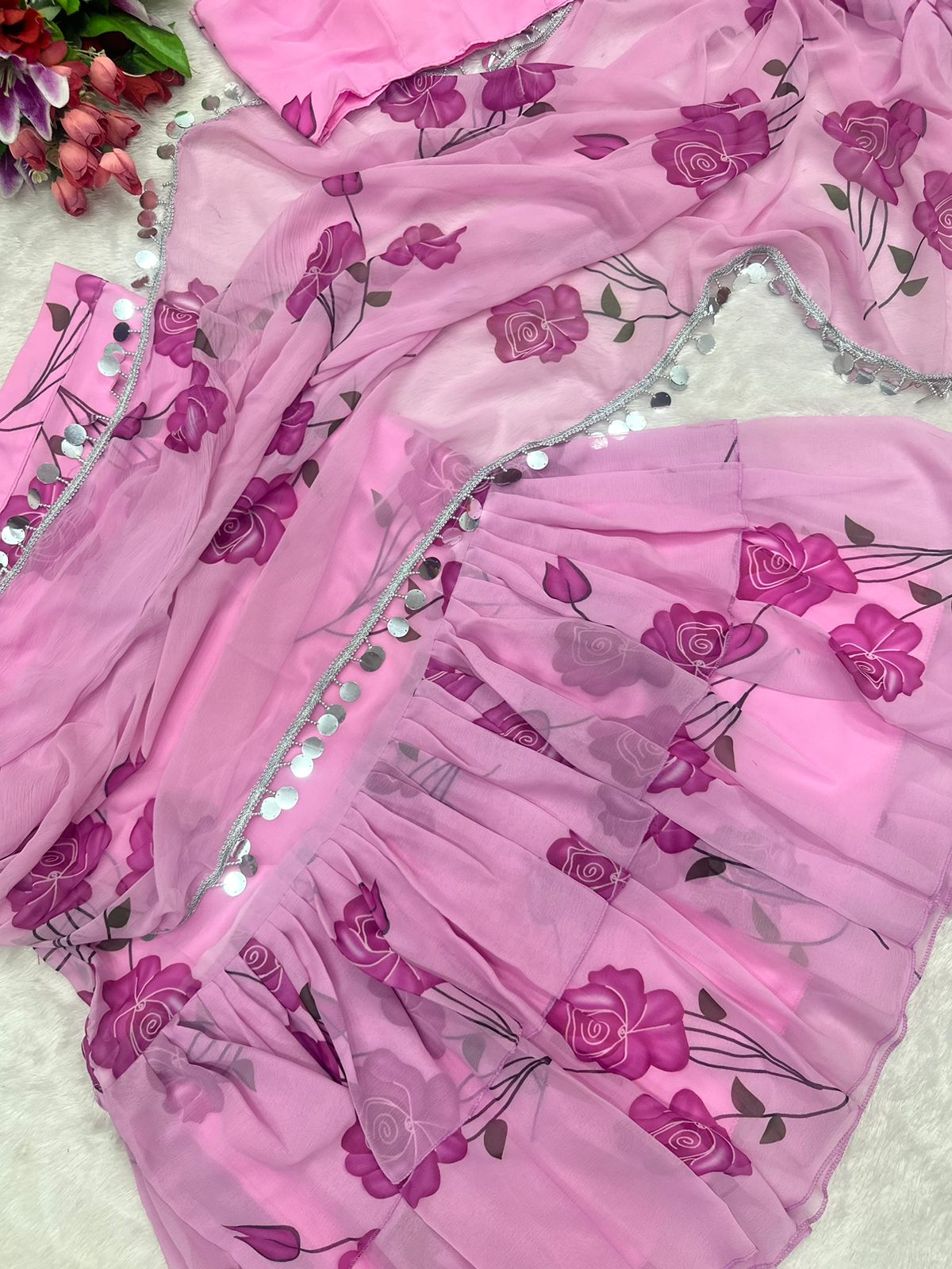 Product Image - Designer Party Wear Lehenga Saree with Stitched Choli and Embroidery Work