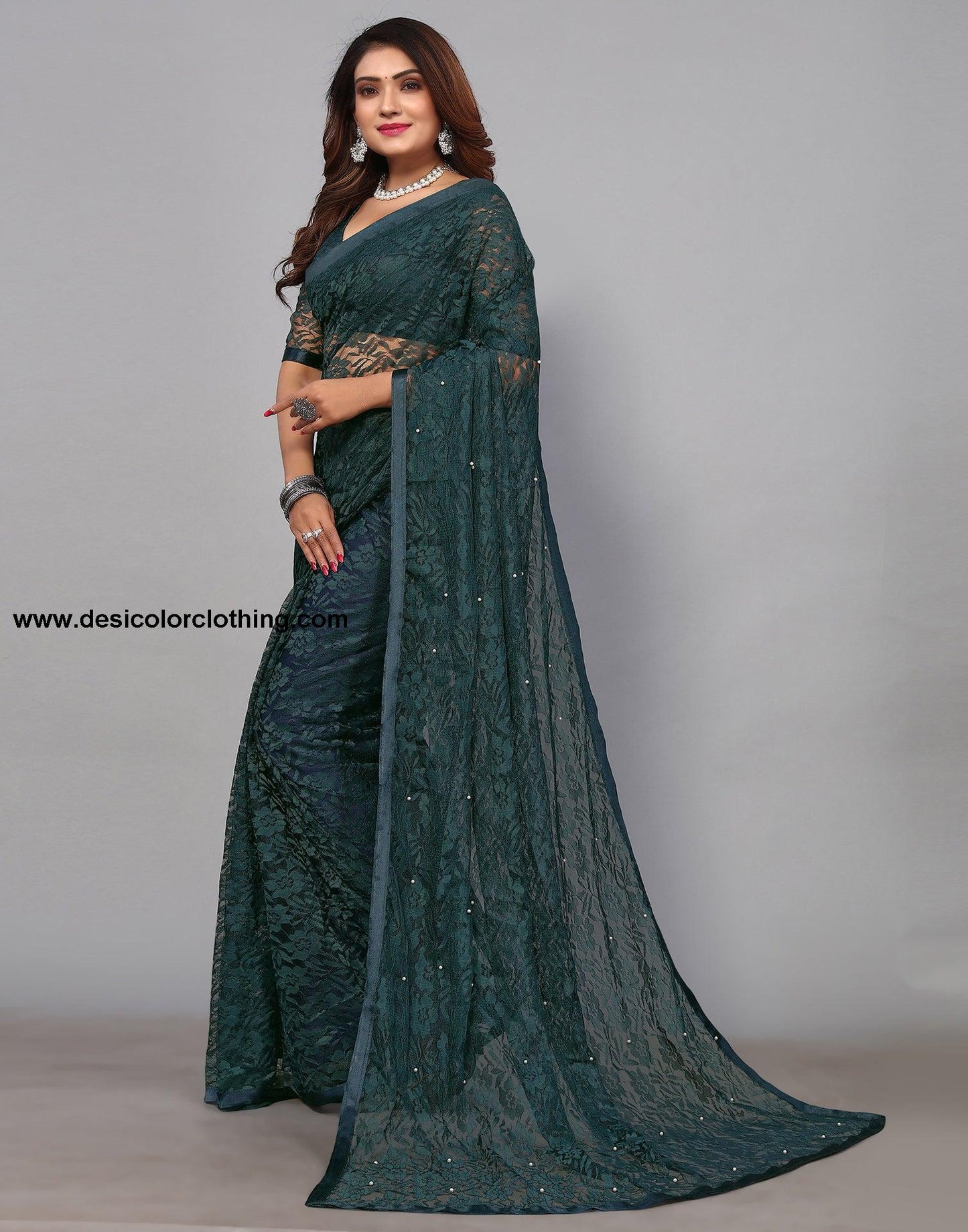 Pine Green Net Lace Saree