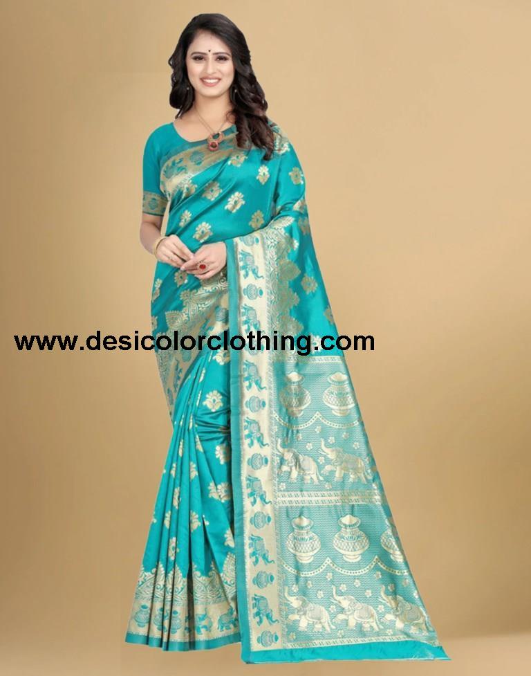 Turquoies Jacquard Banarasi Silk Saree