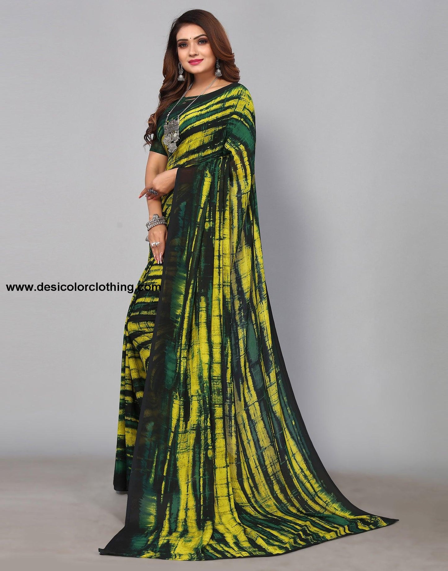 Dark Green & Yellow Georgette Printed Saree