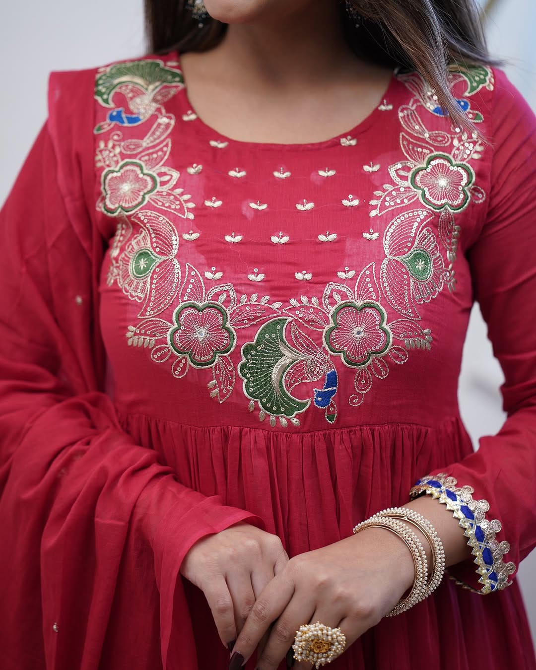 Product Image - Designer Cotton Anarkali Suit Set with Embroidered Dupatta - Festive & Wedding Wear