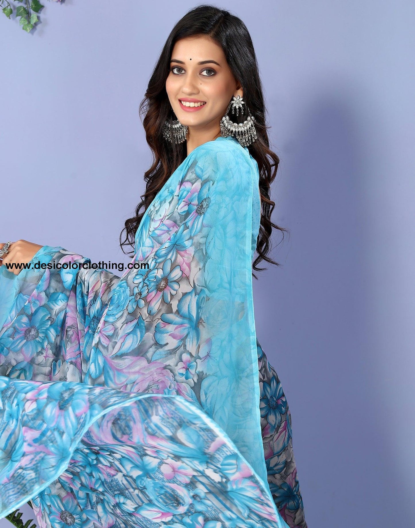 Sky Blue Georgette Floral Printed Saree