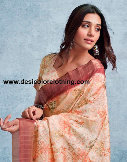 Cream Silk Printed  Saree