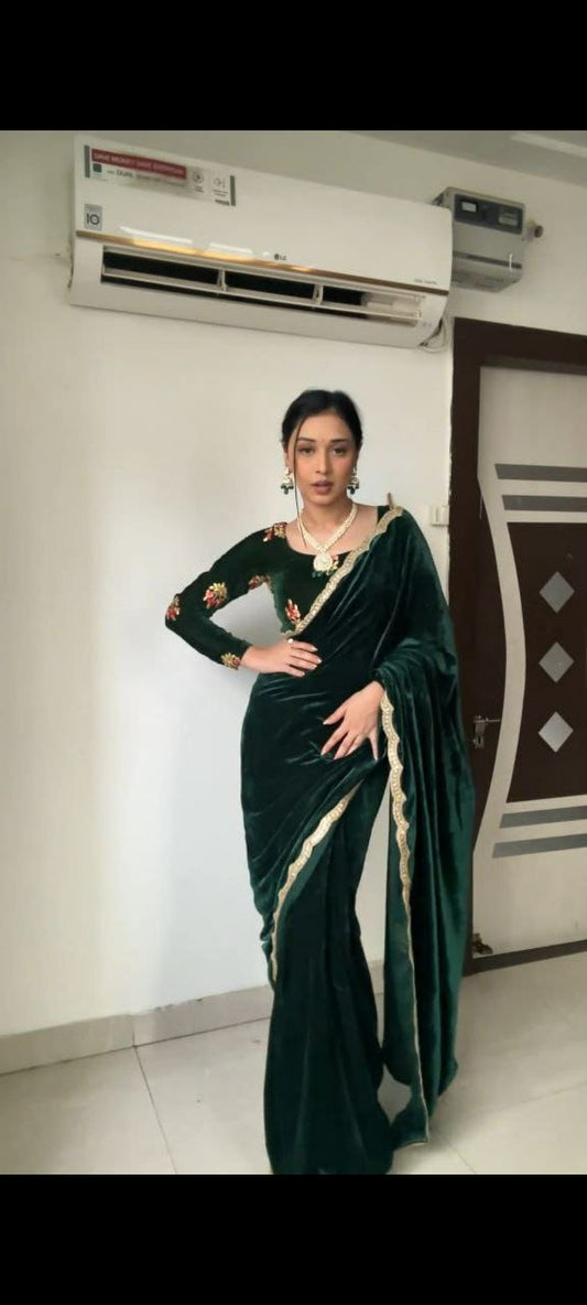 Product Image - Exquisite Ready-to-Wear Velvet Designer Saree with Embroidery and Sequins