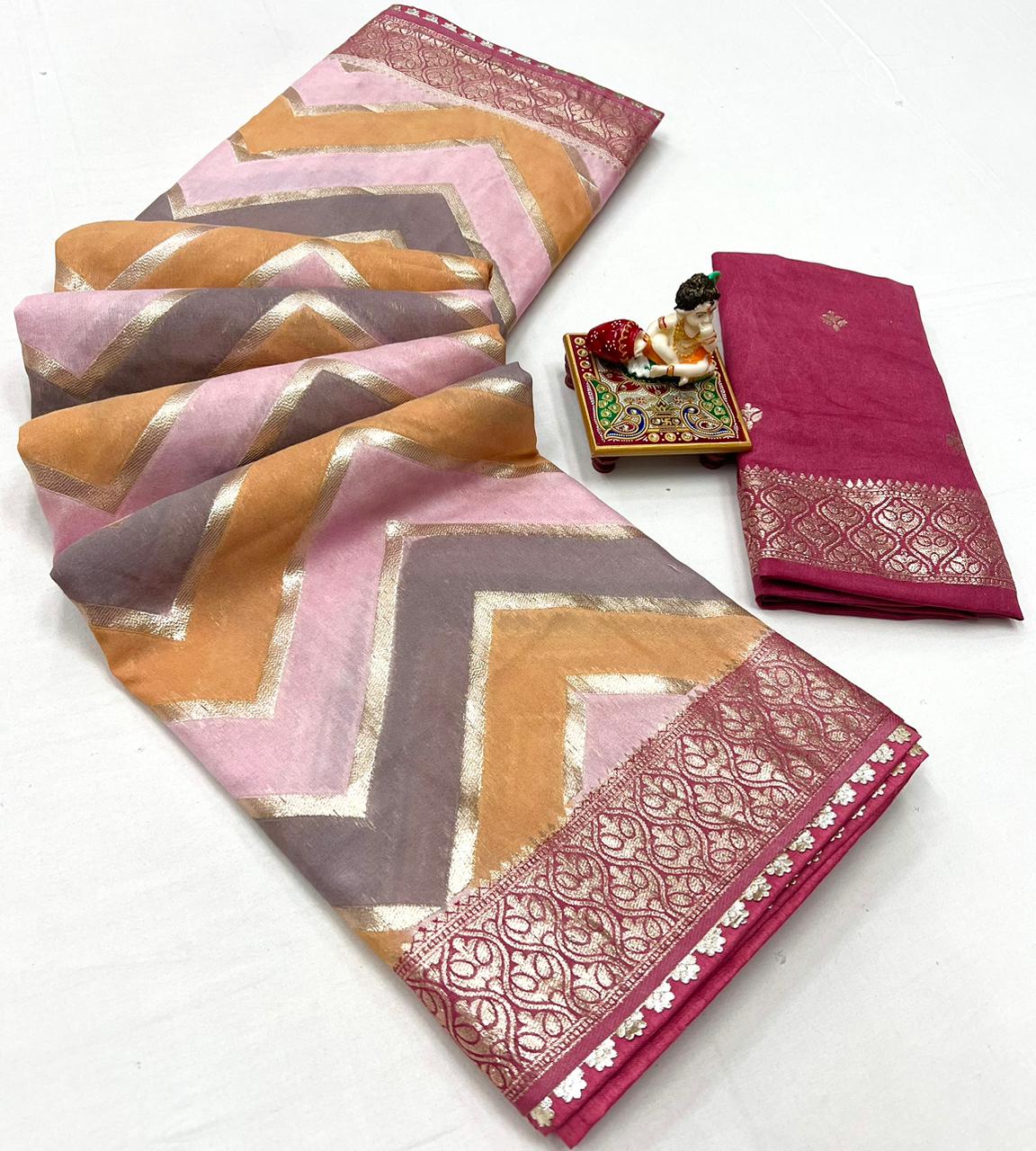 Product Image - Designer Saree with Rich Multi Zari Work & Muslin Silk Fabric