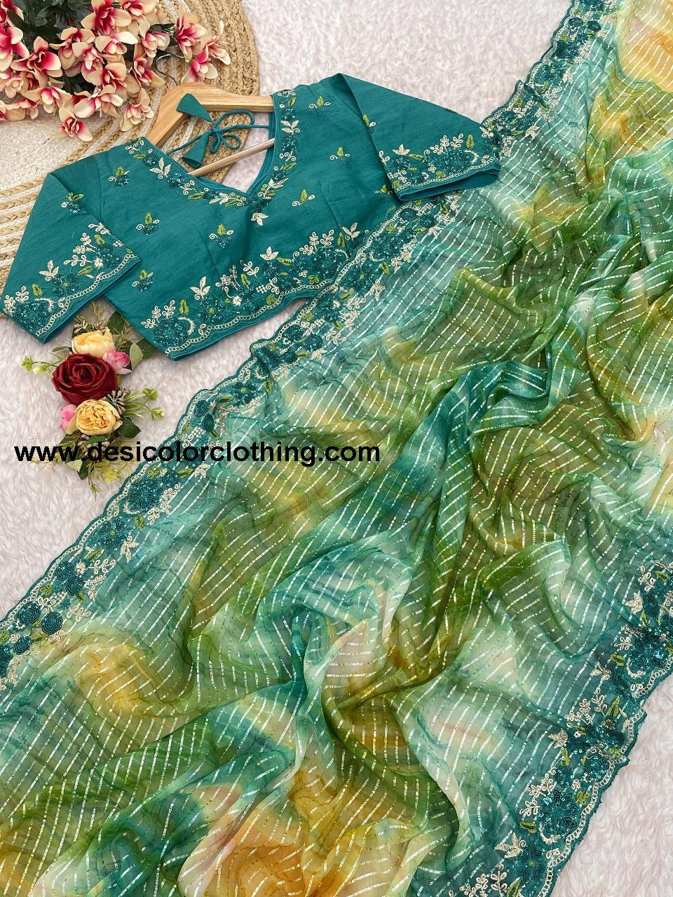 Pure Soft Georgette Sarees with Silver Weaving lining Nd Prisam Print With Heavy Embroidery Threads Sequence Ton to Ton work border aarco*