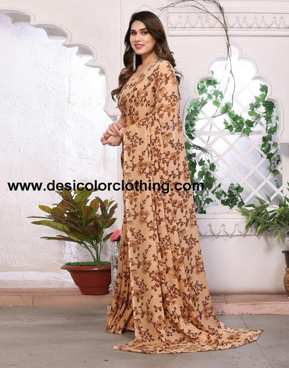 Brown Georgette Floral Printed Saree
