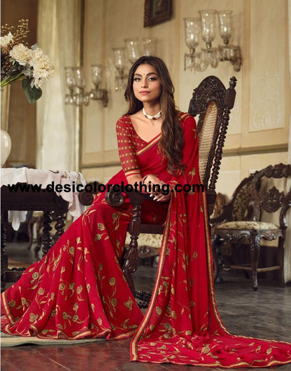 Red Georgette Printed Saree