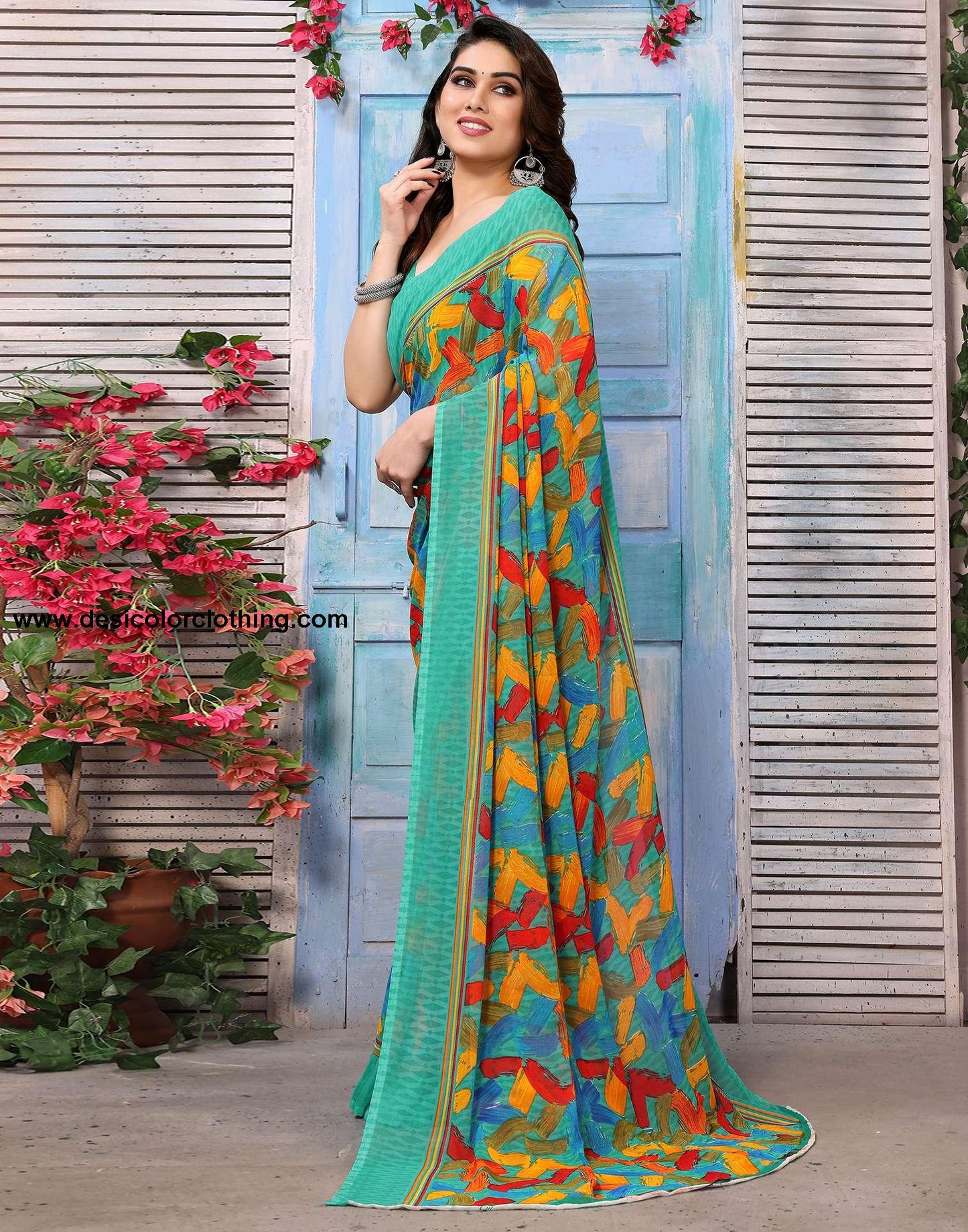 Rama Green Georgette Printed Saree