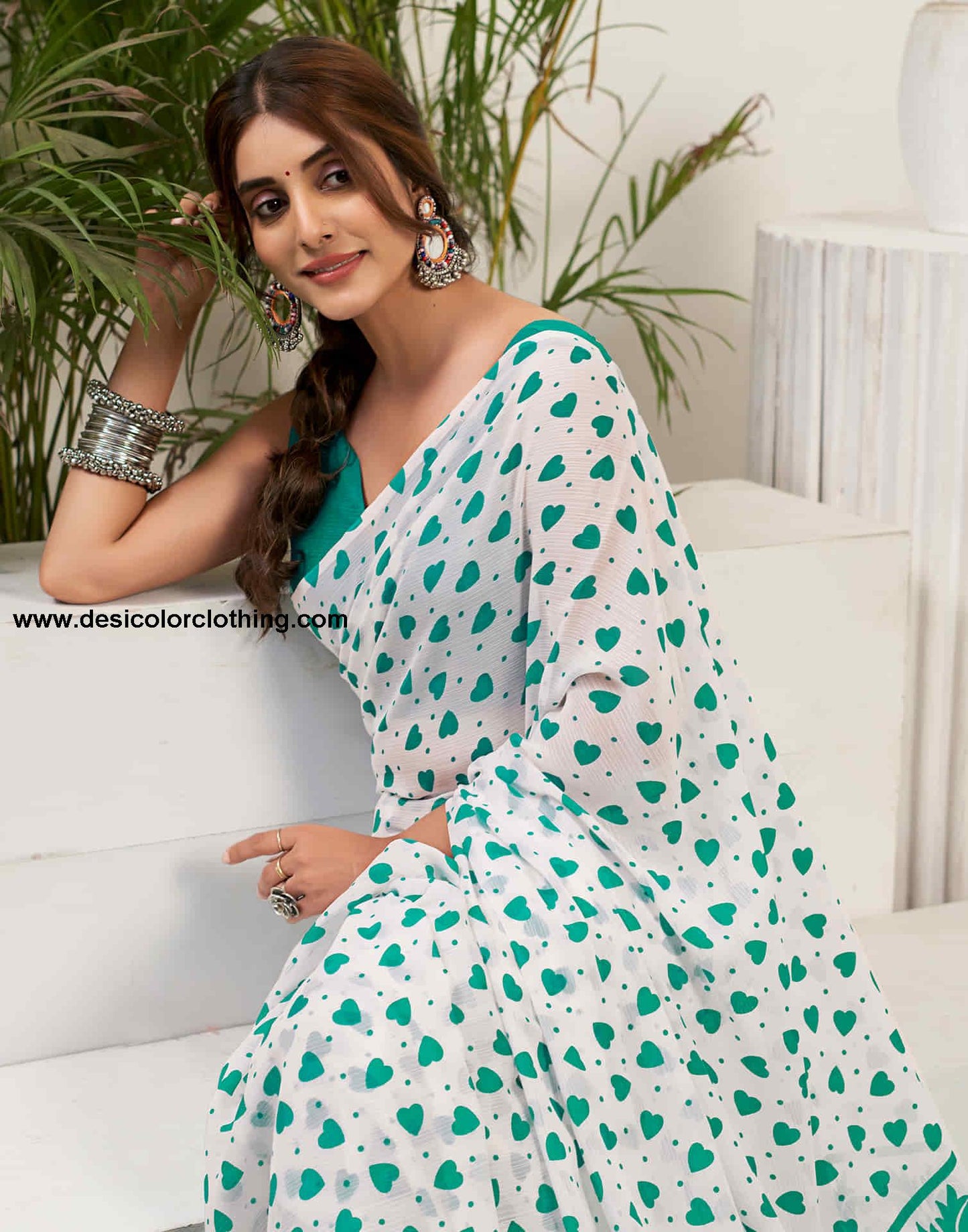 Turquoise Chiffon Printed Saree