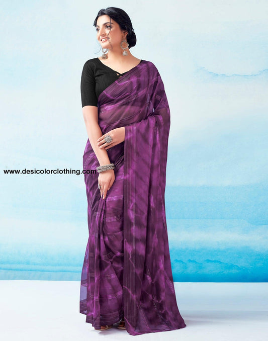 Deep Purple Georgette Printed Ready to Wear Saree