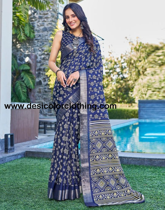 Dark Blue Silk Printed Saree