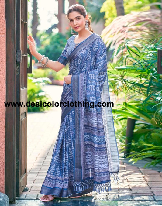 Blue Silk Printed Saree