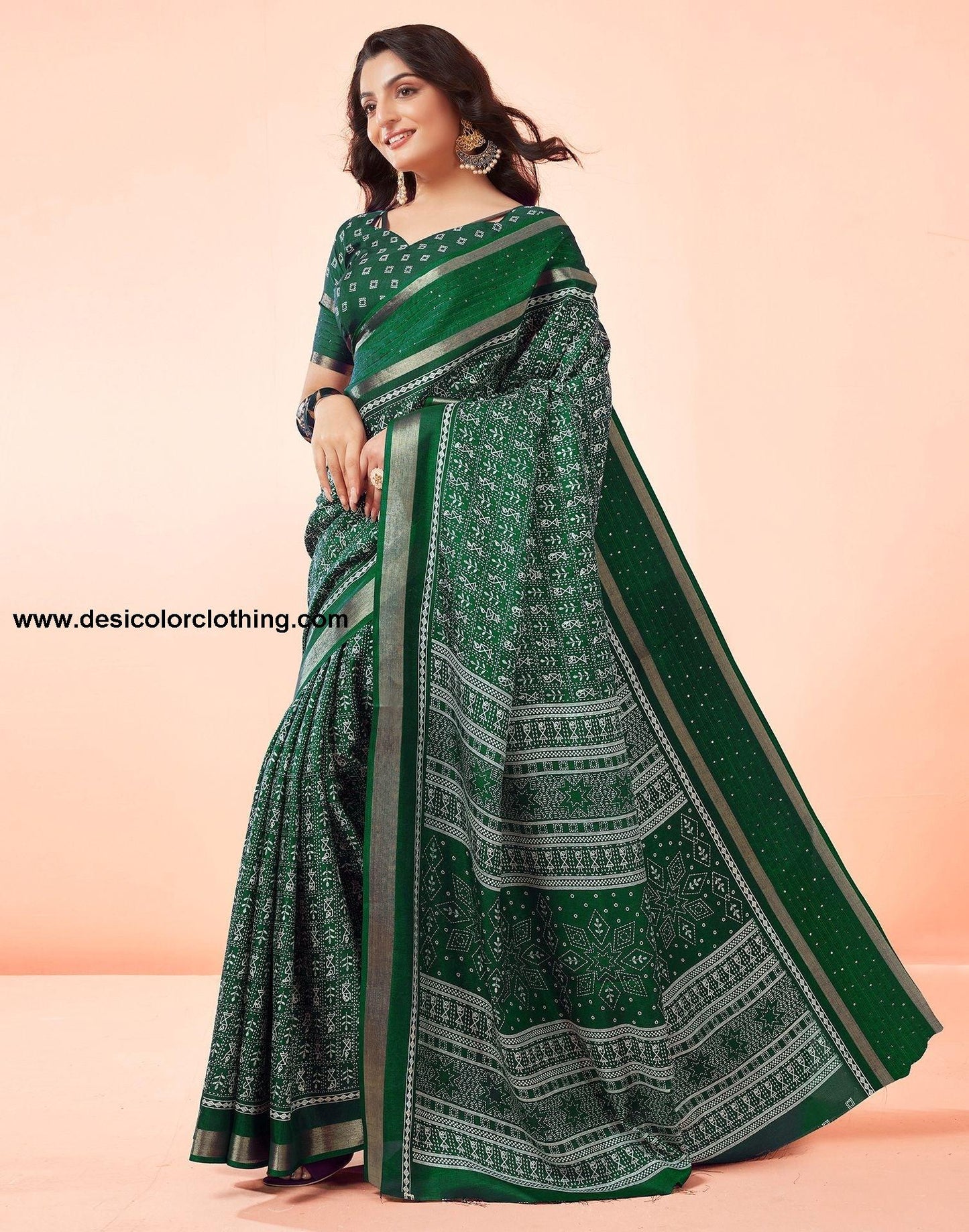 Dark Green Printed Cotton Saree