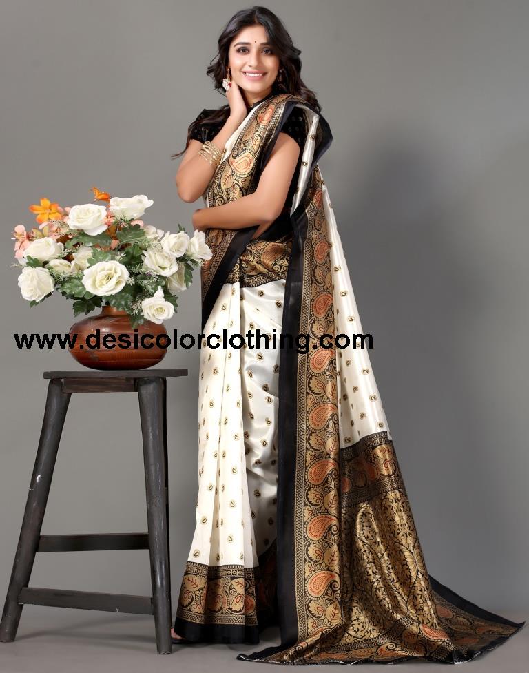 White Printed Silk Saree