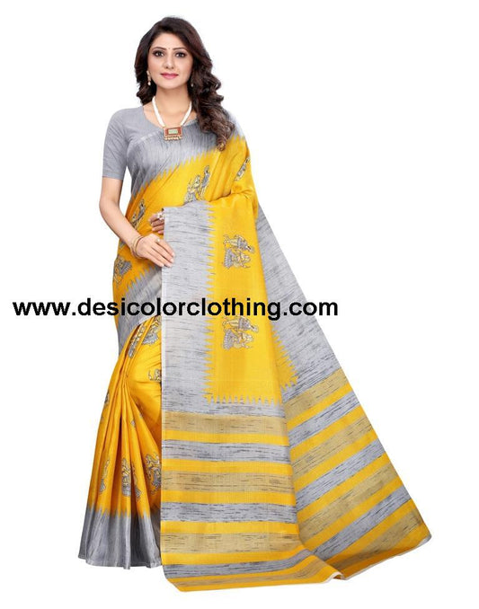 Yellow Coloured Khadi Silk Printed Casual saree