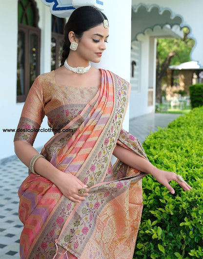 Pink Woven Banarasi Organza Saree