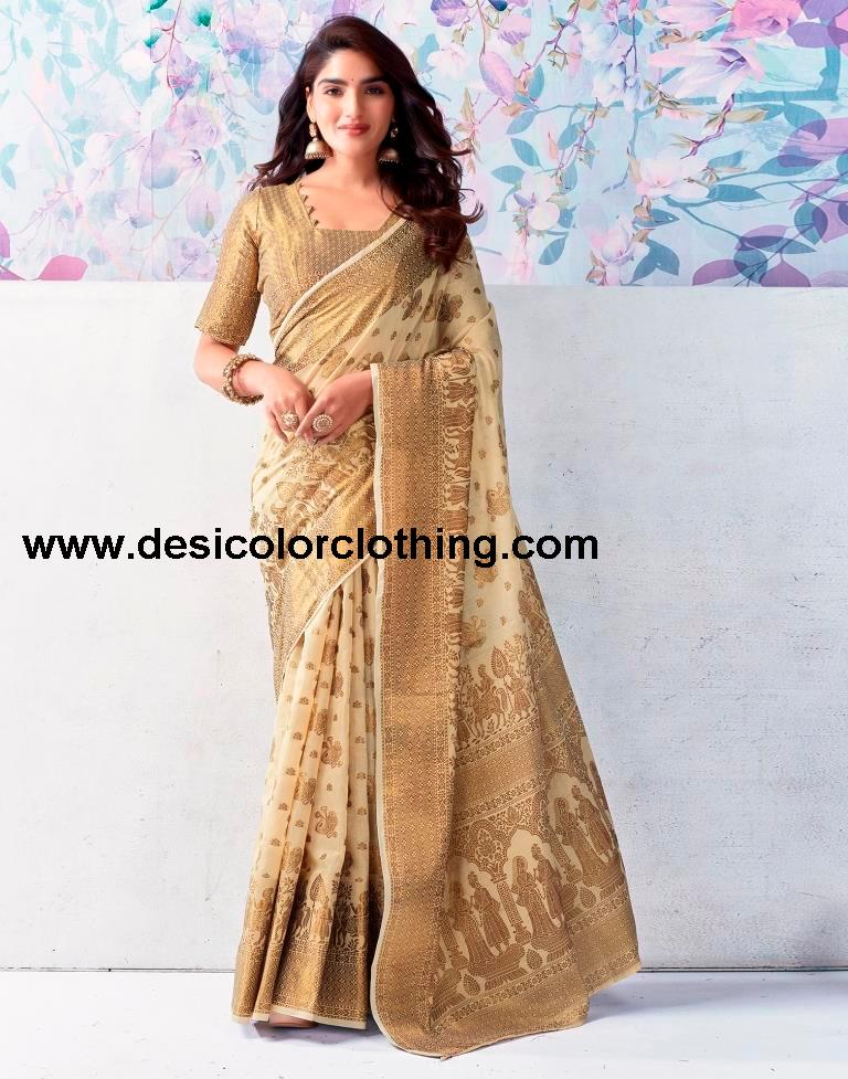 Beige Silk Plain Saree