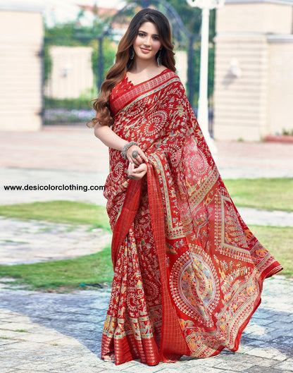 Red Silk Printed Saree