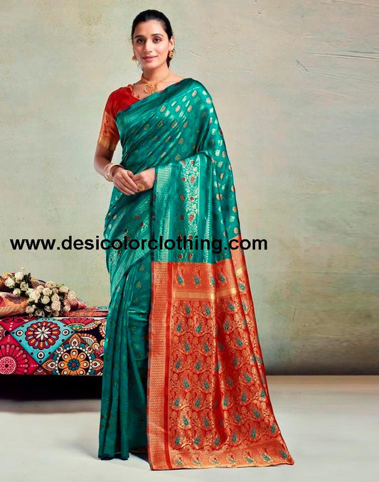 Teal Green Silk Woven Saree