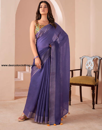 Purple Linen Plain Saree