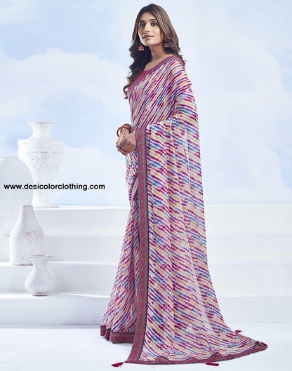 White Printed Chiffon Leheriya Saree