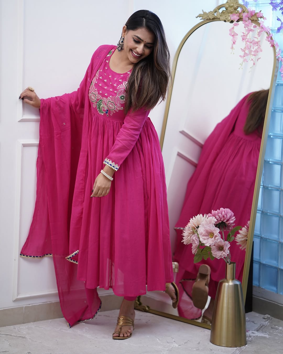 Product Image - Designer Cotton Anarkali Suit Set with Embroidered Dupatta - Festive & Wedding Wear