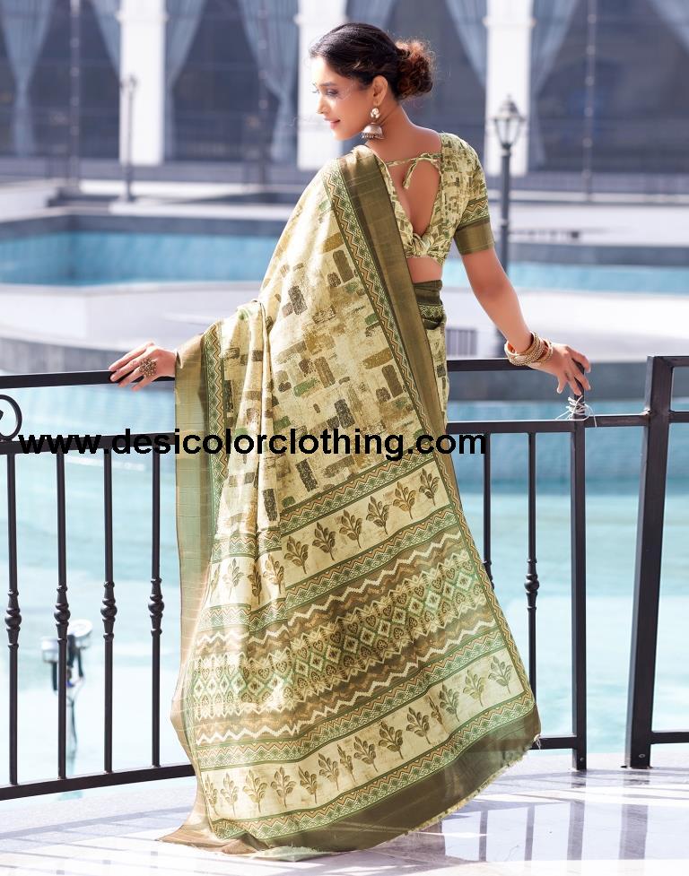 Dull Yellow Silk Printed Saree