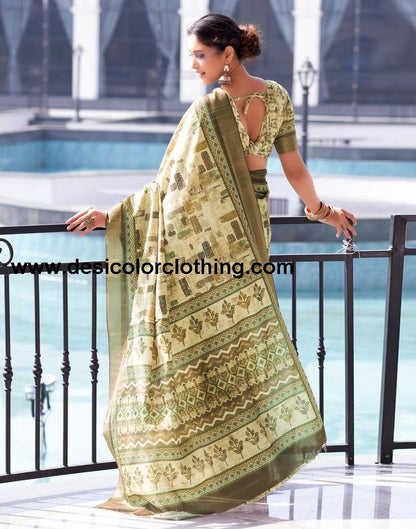Dull Yellow Silk Printed Saree