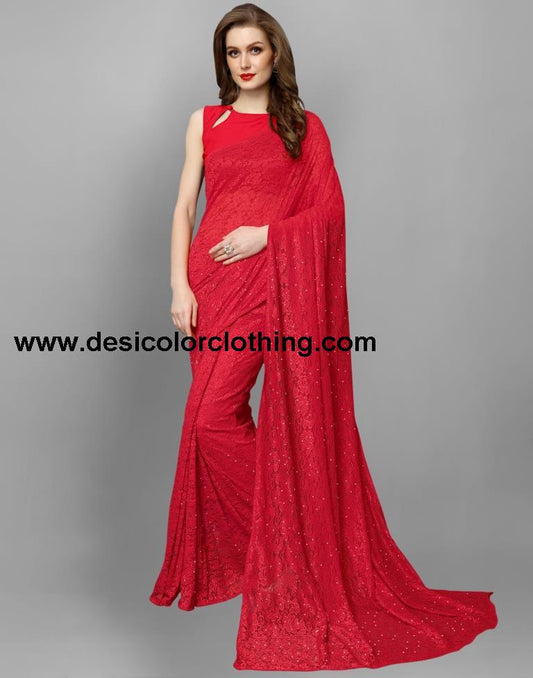 Red Coloured Russell Net Partywear saree