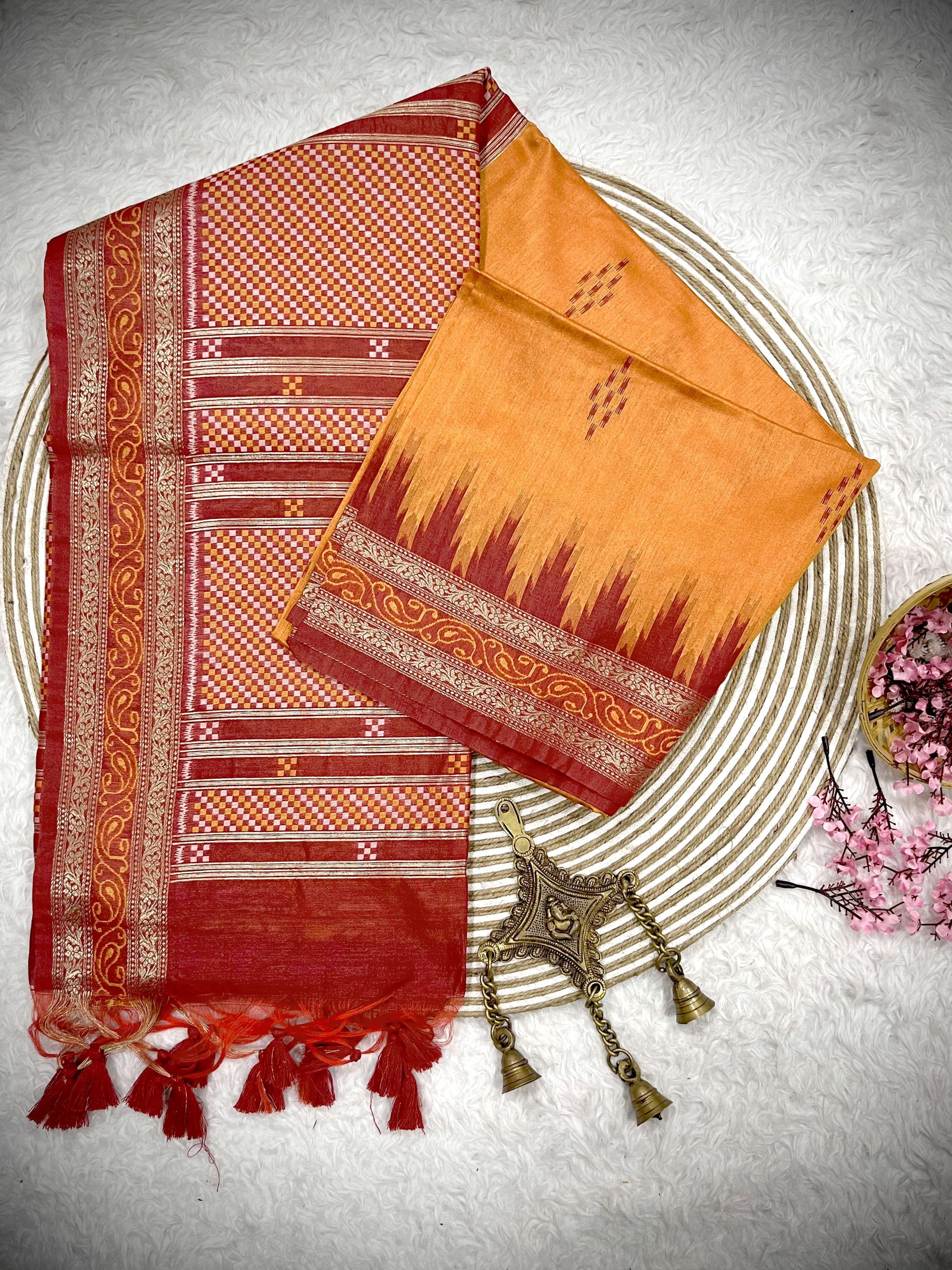 Product Image - Traditional Ikkat Temple Border Saree | Soft Tussar Silk