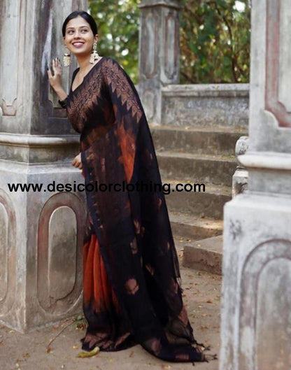 Rust Orange Cotton Weaving Saree