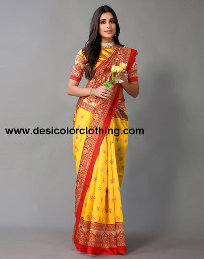 Yellow Printed Silk Saree