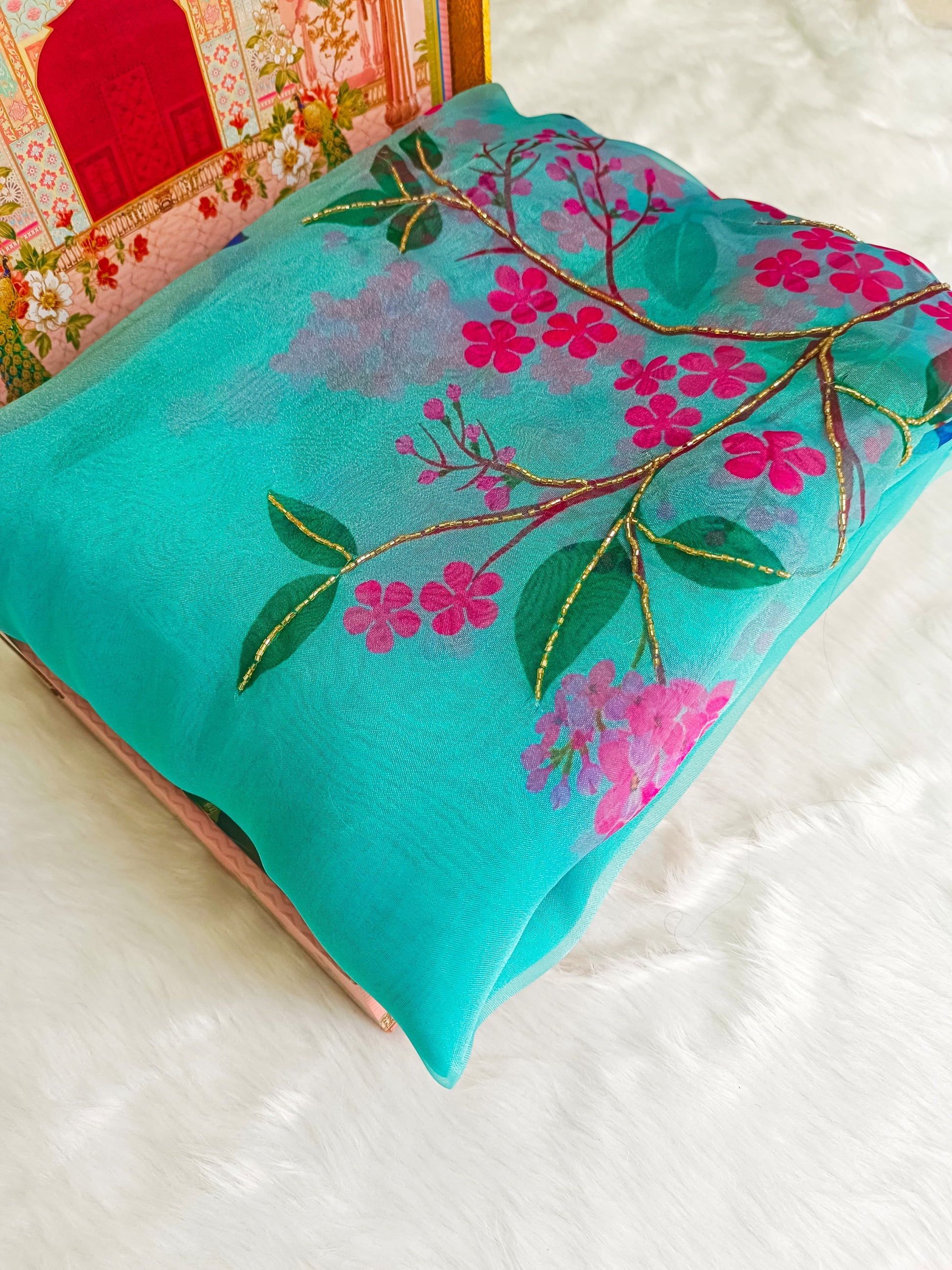 Product Image - Elegant Digital Print Organza Saree with Handwork