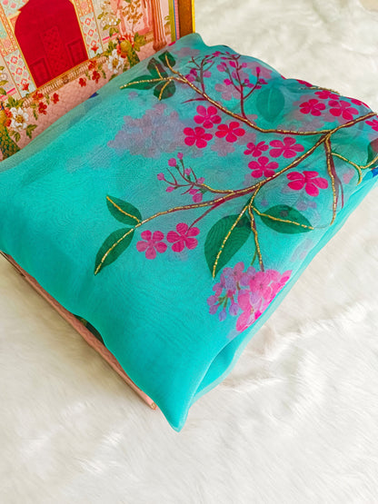 Product Image - Elegant Digital Print Organza Saree with Handwork