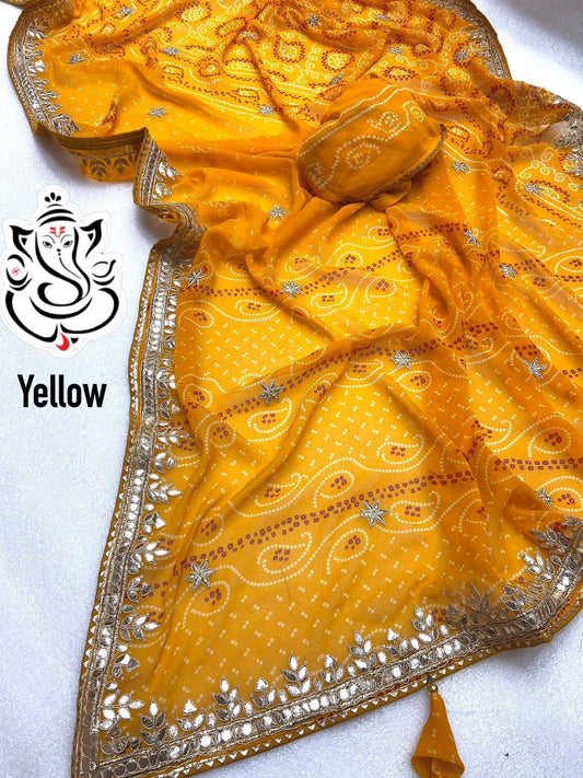 Product Image - Exquisite Georgette Bandej Saree with Gota Patti Work | Festive Wear