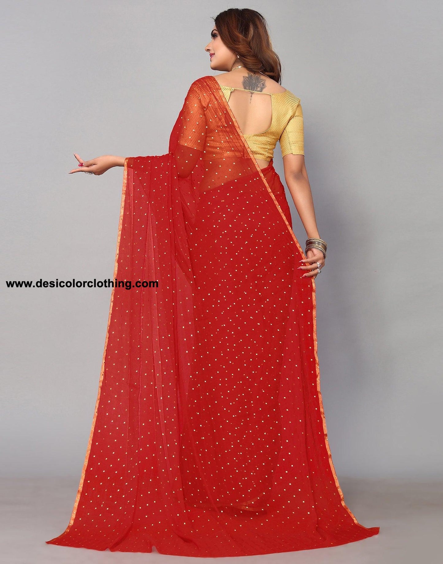 Red Chiffon Plain Saree
