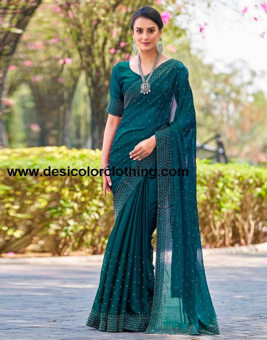Rama Blue Georgette Plain Saree