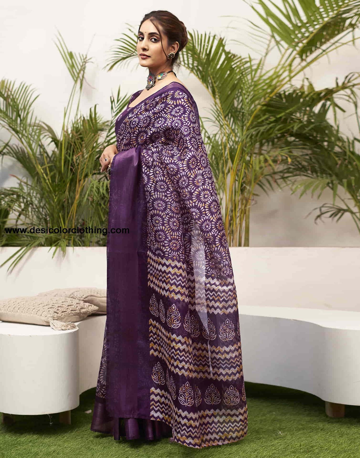 Deep Purple Cotton Printed Saree