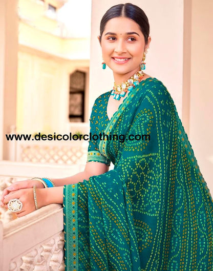 Turquoise Chiffon Bandhani Saree